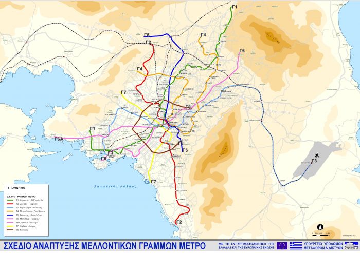 Ο χάρτης με το πλήρες σχέδιο των επεκτάσεων προς Πειραιά του 2012 όπου φαίνεται η ροζ Γραμμή 6 και η επεκτεινόμενη πράσινη Γραμμή 1.